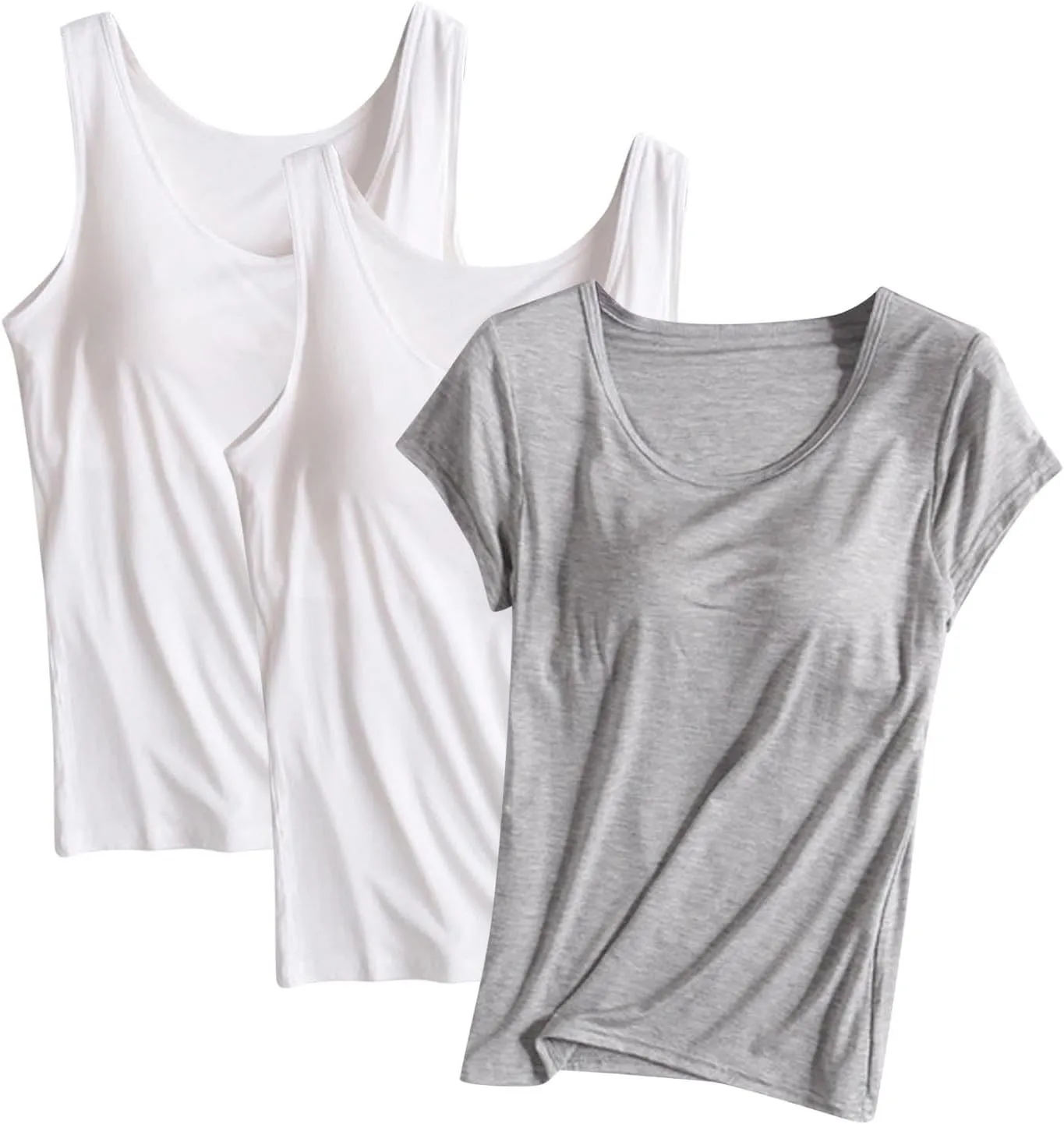 3 Pack Women Modal Built in Bra Tops Summer Soft Comfy Tank Top/Short Sleeve Scoop Neck Yoga Workout Undershirts