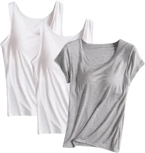3 Pack Women Modal Built in Bra Tops Summer Soft Comfy Tank Top/Short Sleeve Scoop Neck Yoga Workout Undershirts