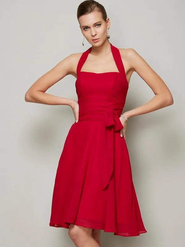A-Line Chiffon Halter Sleeveless Knee-Length With Bowknot Bridesmaid Dresses