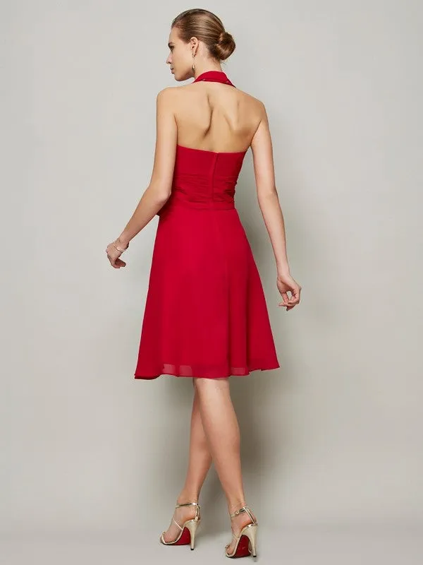 A-Line Chiffon Halter Sleeveless Knee-Length With Bowknot Bridesmaid Dresses