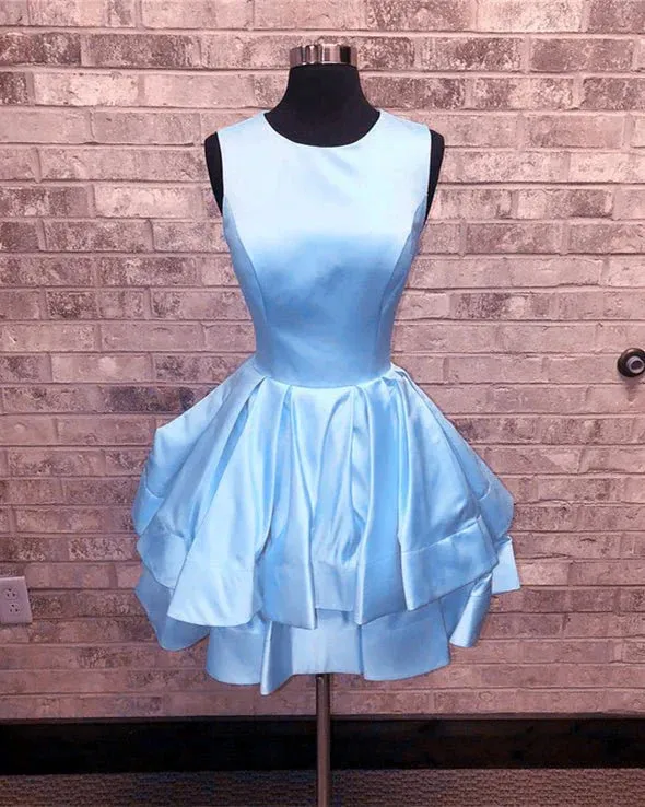 A Line Homecoming Dresses Round Neck Open Back Satin Sleeveless Short