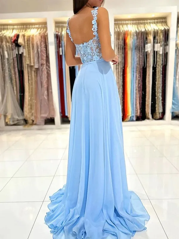 A-Line/Princess Chiffon Applique Straps Sleeveless Sweep/Brush Train Dresses