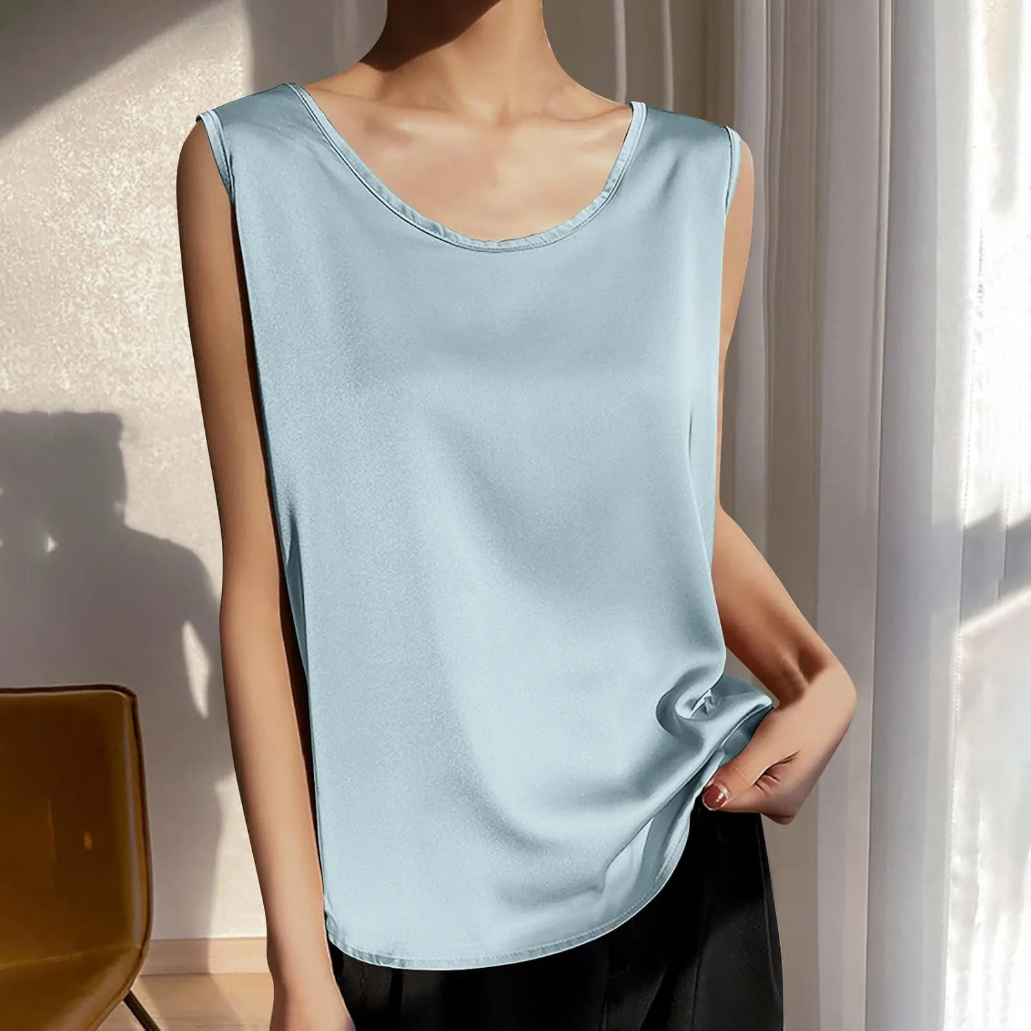 Comfy Satin Silk Tank Tops for Women Summer Boat Neck Neck Sleeveless Undershirt Casual Elegant Basic Tanks Blouses