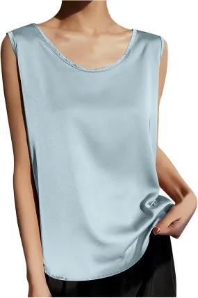 Comfy Satin Silk Tank Tops for Women Summer Boat Neck Neck Sleeveless Undershirt Casual Elegant Basic Tanks Blouses