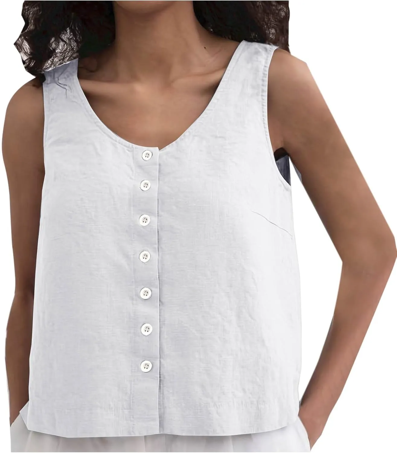 Cotton Linen Tank Top for Women Summer Button Sleeveless T-shirts Solid Color Round Neck Tees Loose Fit Blouses