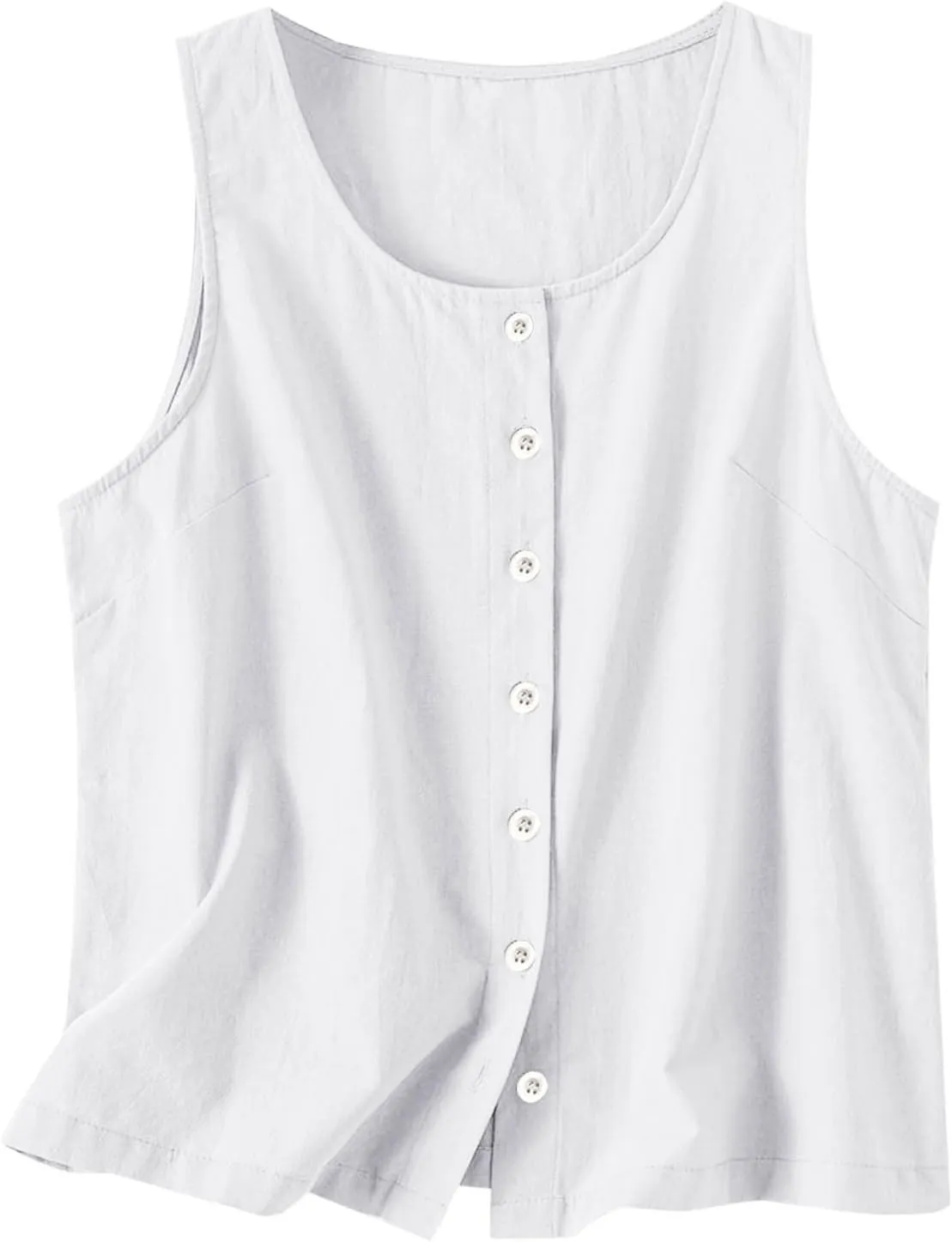 Cotton Linen Tank Top for Women Summer Button Sleeveless T-shirts Solid Color Round Neck Tees Loose Fit Blouses