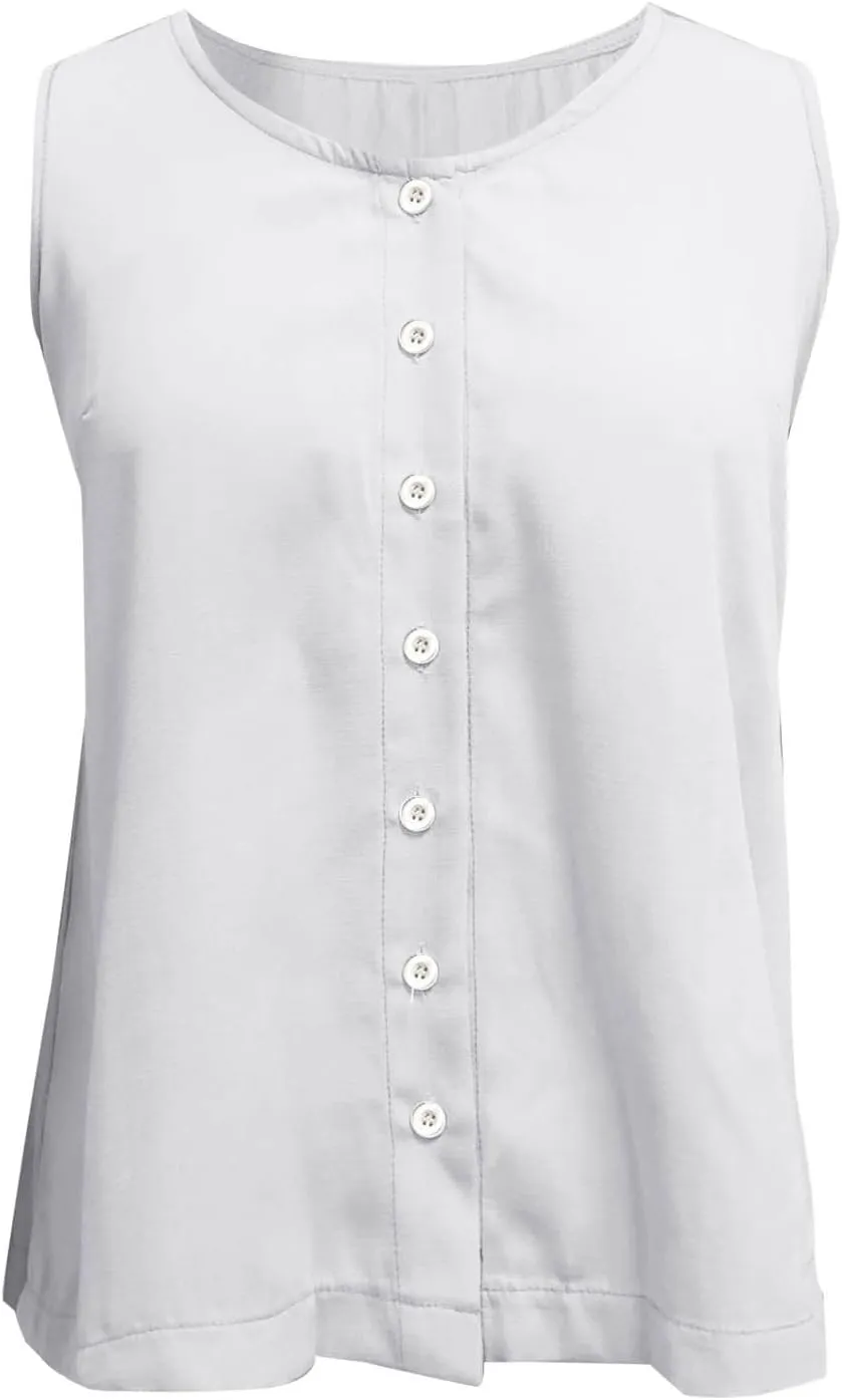Cotton Linen Tank Top for Women Summer Button Sleeveless T-shirts Solid Color Round Neck Tees Loose Fit Blouses