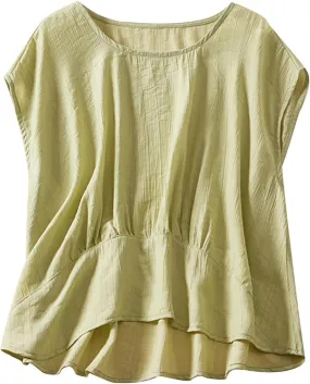 Cotton Linen Tank Tops for Women Vintage Pleated Crewneck Solid Color Cropped Tank Sleeveless Loose Trendy Camisole