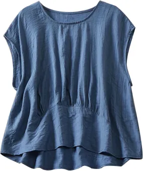 Cotton Linen Tank Tops for Women Vintage Pleated Crewneck Solid Color Cropped Tank Sleeveless Loose Trendy Camisole