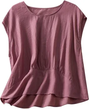 Cotton Linen Tank Tops for Women Vintage Pleated Crewneck Solid Color Cropped Tank Sleeveless Loose Trendy Camisole