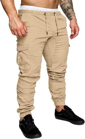 CRNTCEM Mens Skinny Fit Cargo Pants Twill Casual Athletic Joggers Drawstring Combat Tactical Track Pants Stretch Workout Pant