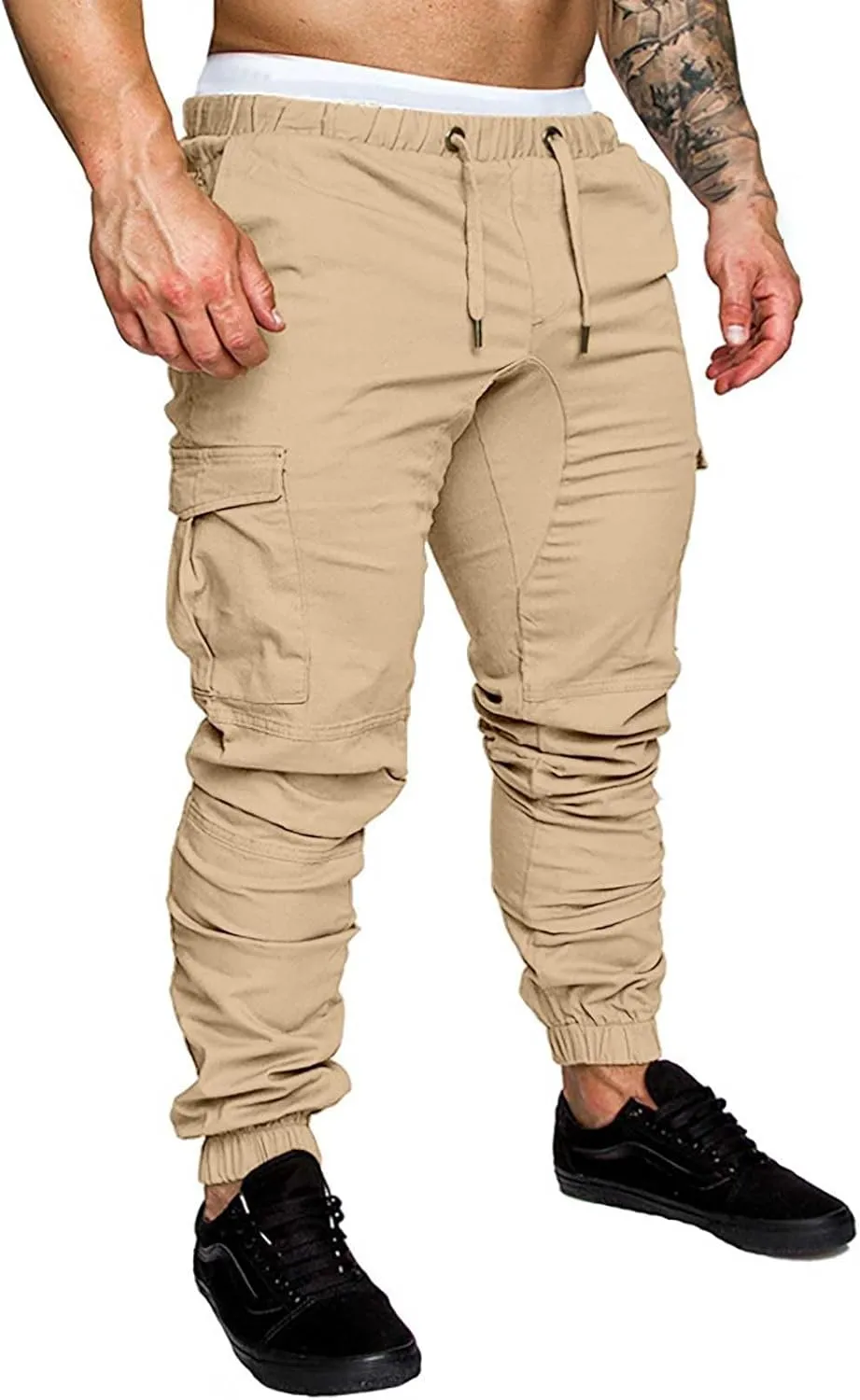 CRNTCEM Mens Skinny Fit Cargo Pants Twill Casual Athletic Joggers Drawstring Combat Tactical Track Pants Stretch Workout Pant