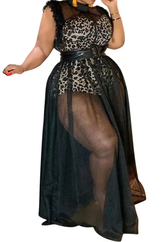 Fuzzy Sleeve Netted Maxi Dress Romper Set