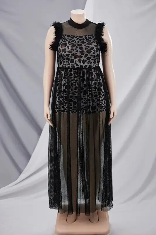 Fuzzy Sleeve Netted Maxi Dress Romper Set