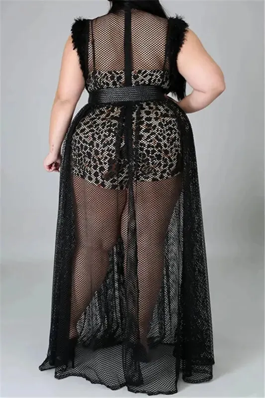 Fuzzy Sleeve Netted Maxi Dress Romper Set