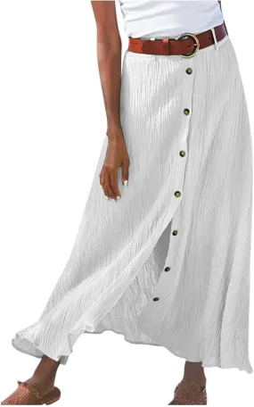 hlysgo Womens Casual High Waist Button Down Front Long Maxi Skirt Boho Solid Flowy Skirts Summer Beach Dresses