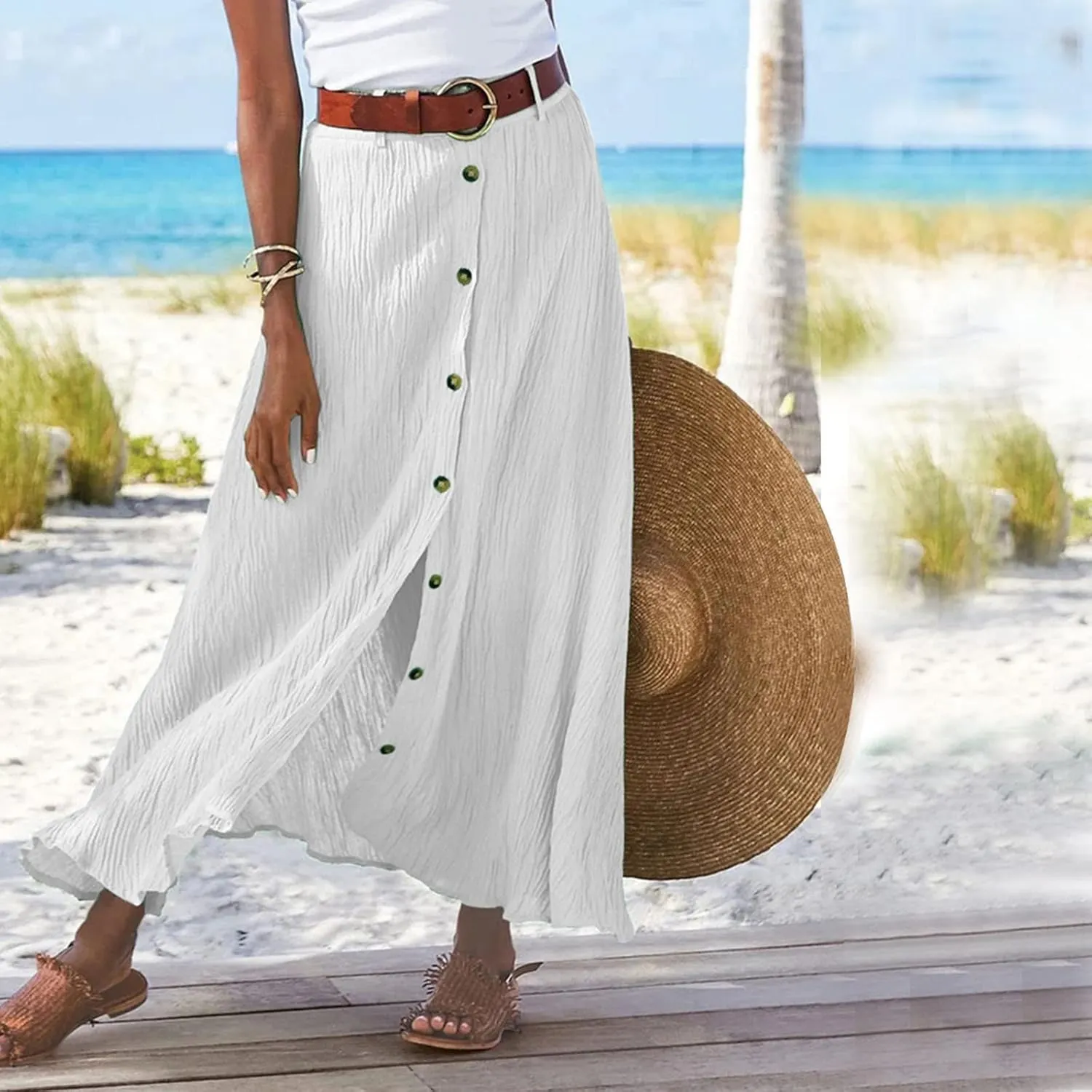 hlysgo Womens Casual High Waist Button Down Front Long Maxi Skirt Boho Solid Flowy Skirts Summer Beach Dresses