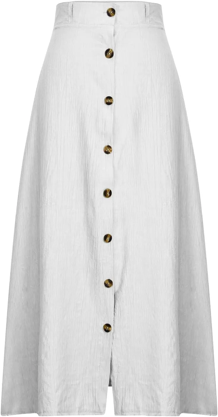 hlysgo Womens Casual High Waist Button Down Front Long Maxi Skirt Boho Solid Flowy Skirts Summer Beach Dresses