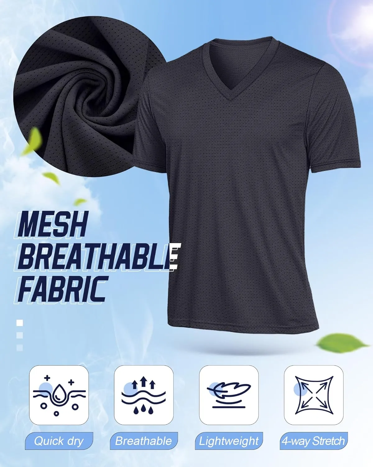 Huukeay 3 Pack Men's Big and Tall Workout Shirts, Short Sleeve V Neck Sport Tops Mesh Dry Fit Moisture Wicking Athletic Tees