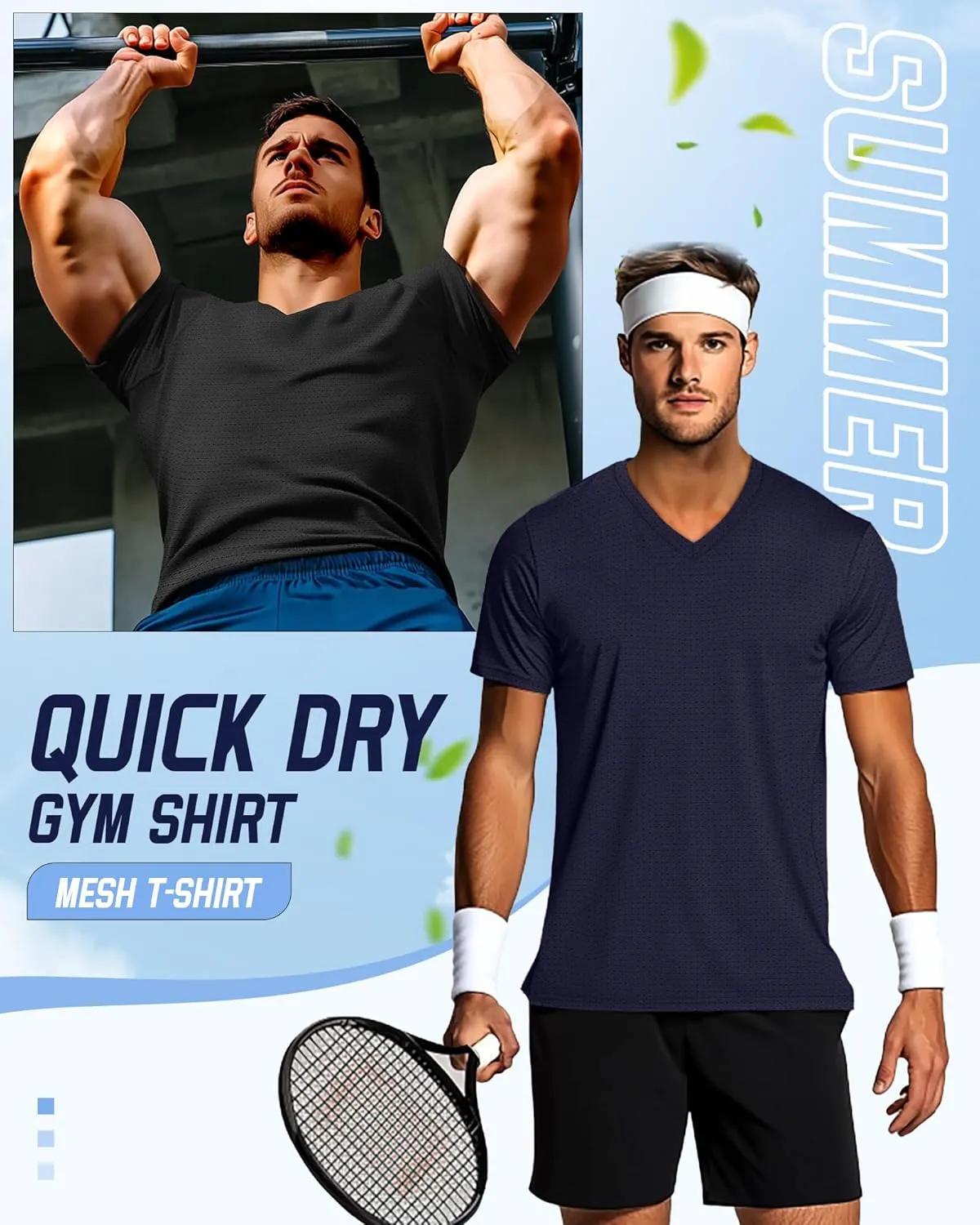 Huukeay 3 Pack Men's Big and Tall Workout Shirts, Short Sleeve V Neck Sport Tops Mesh Dry Fit Moisture Wicking Athletic Tees