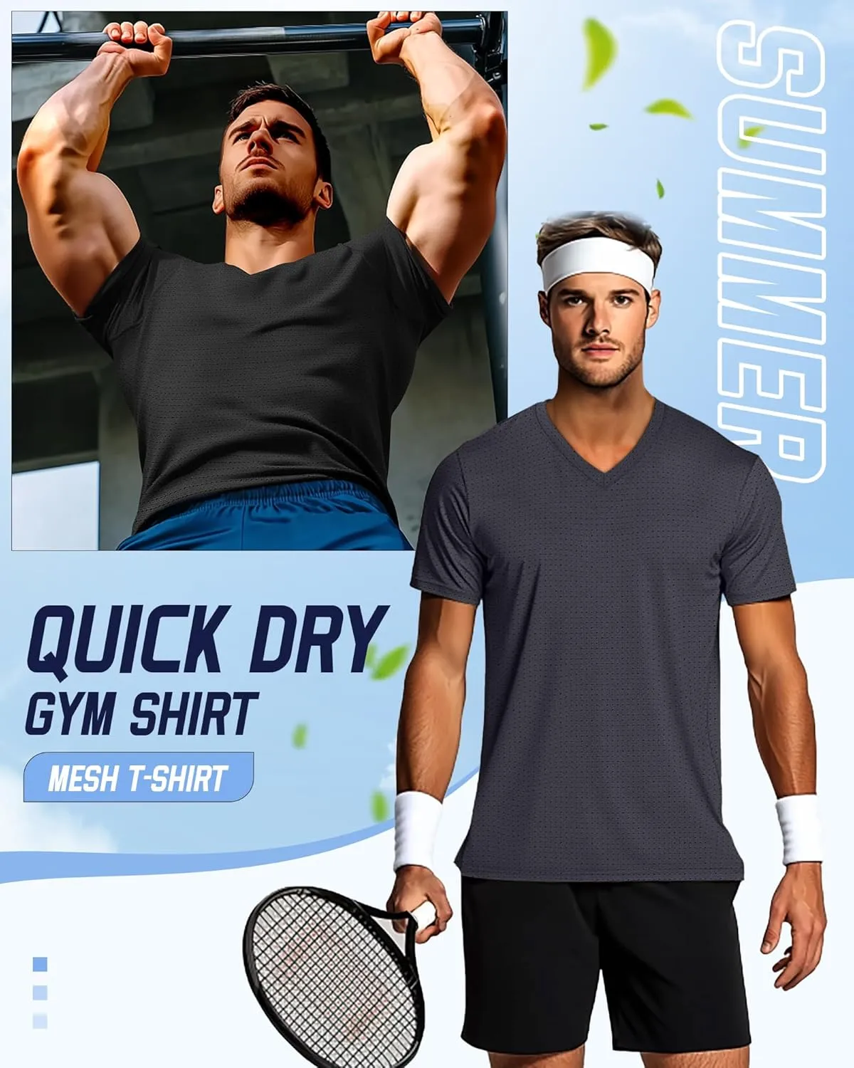 Huukeay 3 Pack Men's Big and Tall Workout Shirts, Short Sleeve V Neck Sport Tops Mesh Dry Fit Moisture Wicking Athletic Tees