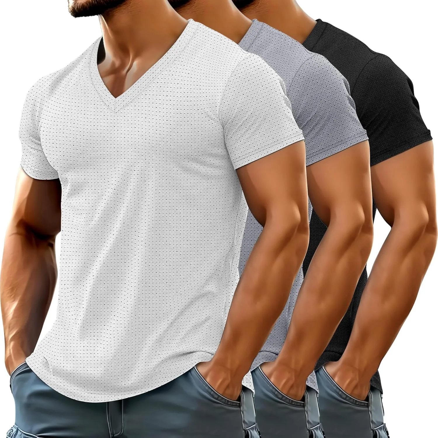 Huukeay 3 Pack Men's Big and Tall Workout Shirts, Short Sleeve V Neck Sport Tops Mesh Dry Fit Moisture Wicking Athletic Tees