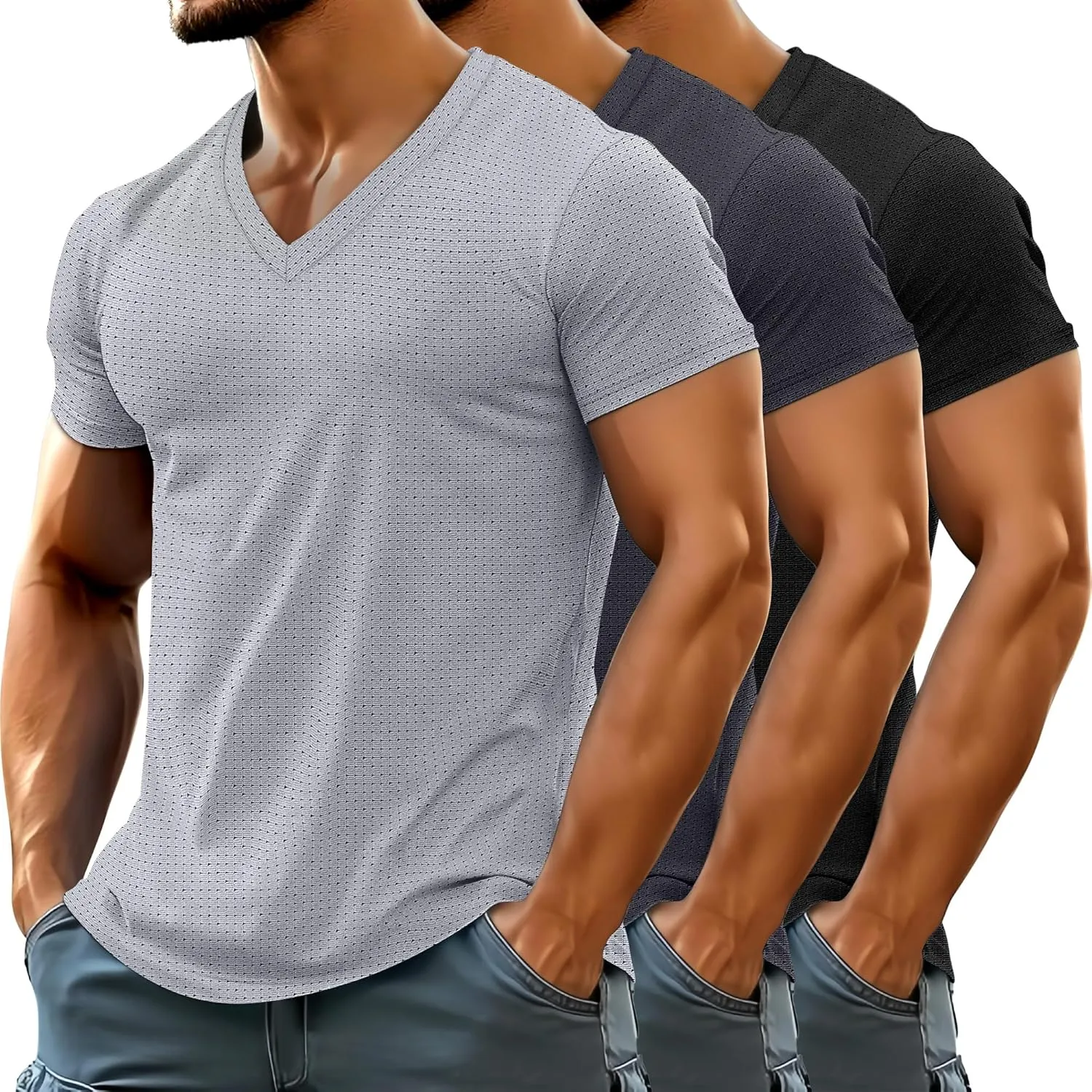 Huukeay 3 Pack Men's Big and Tall Workout Shirts, Short Sleeve V Neck Sport Tops Mesh Dry Fit Moisture Wicking Athletic Tees