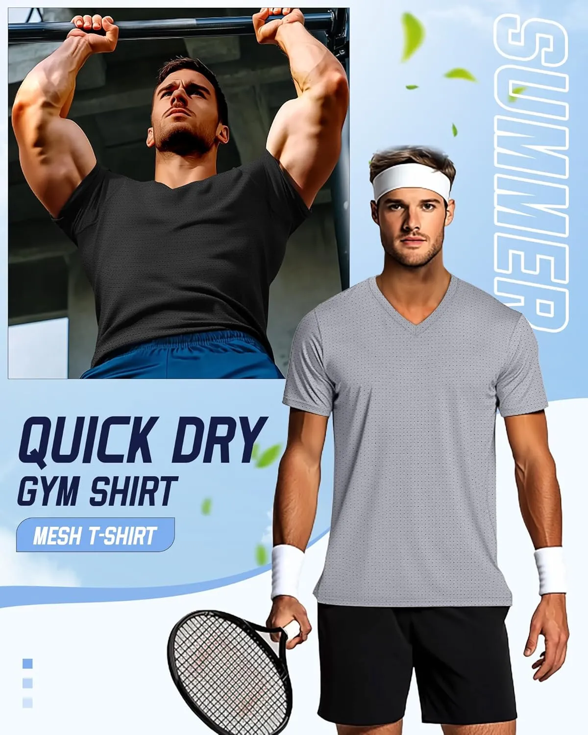 Huukeay 3 Pack Men's Big and Tall Workout Shirts, Short Sleeve V Neck Sport Tops Mesh Dry Fit Moisture Wicking Athletic Tees