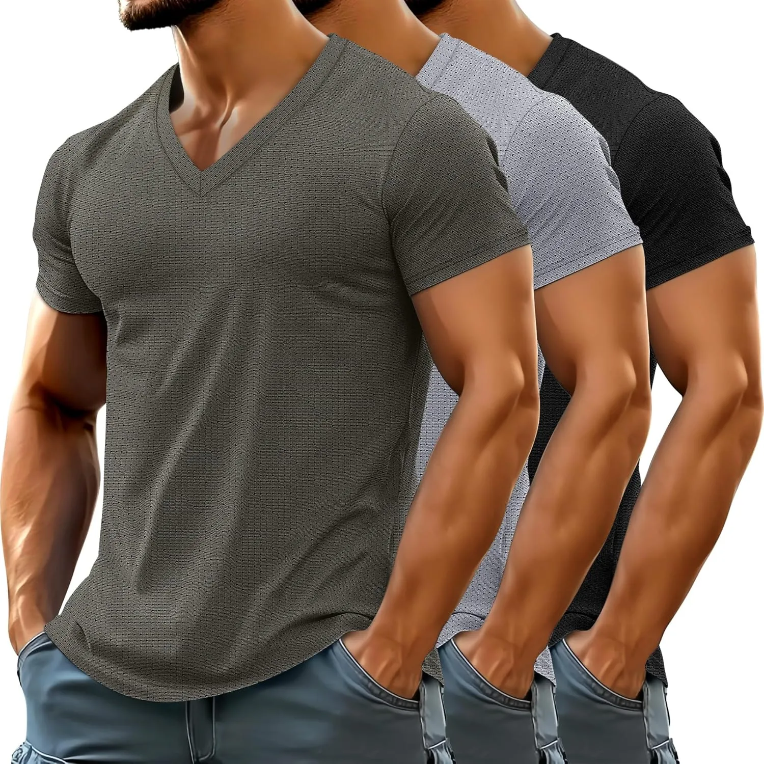 Huukeay 3 Pack Men's Big and Tall Workout Shirts, Short Sleeve V Neck Sport Tops Mesh Dry Fit Moisture Wicking Athletic Tees