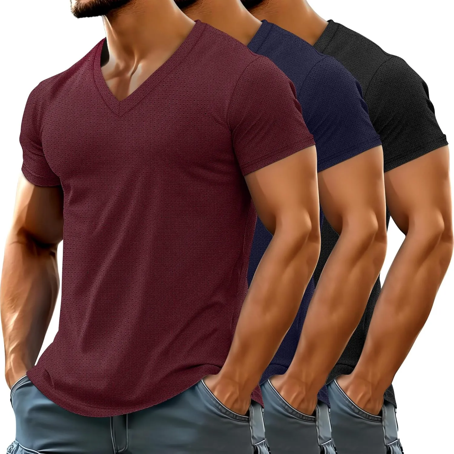 Huukeay 3 Pack Men's Big and Tall Workout Shirts, Short Sleeve V Neck Sport Tops Mesh Dry Fit Moisture Wicking Athletic Tees