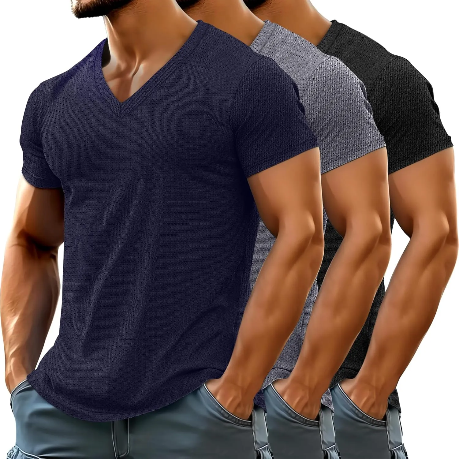 Huukeay 3 Pack Men's Big and Tall Workout Shirts, Short Sleeve V Neck Sport Tops Mesh Dry Fit Moisture Wicking Athletic Tees