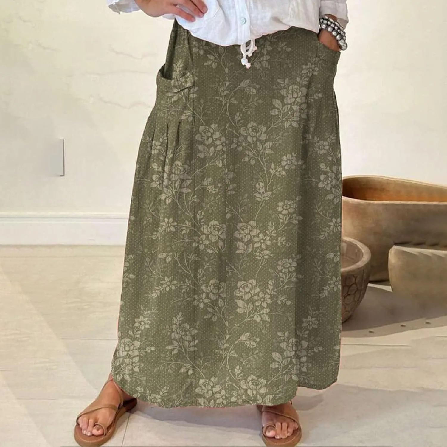Maxi Skirts for Women Floral Print Elastic Waist Bohemian Hippie Long Skirt Vintage Boho Beach Skirts with Pockets