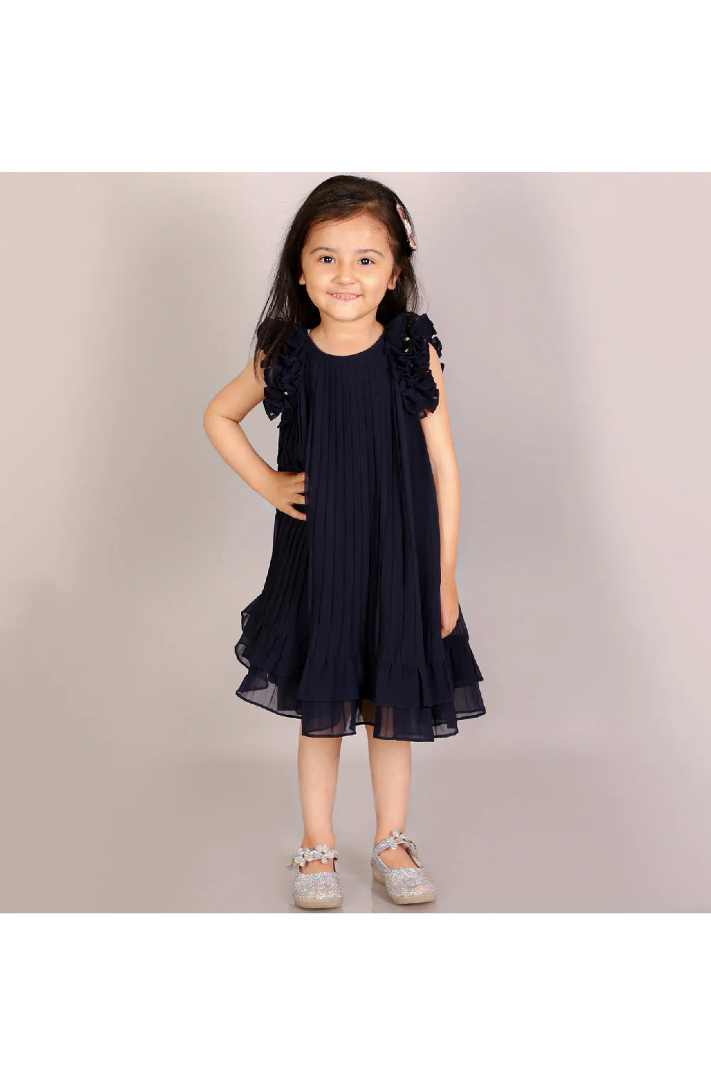 Navy Pleated Sleeveless Knee Length Dress