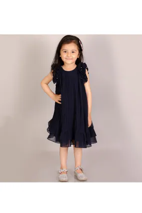 Navy Pleated Sleeveless Knee Length Dress