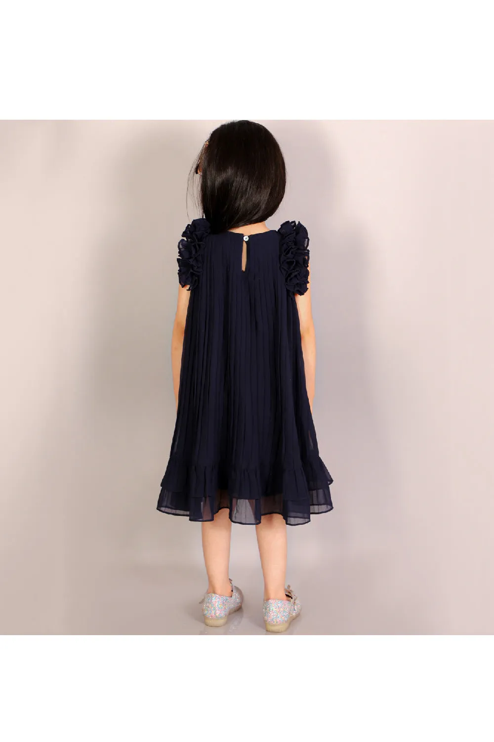 Navy Pleated Sleeveless Knee Length Dress