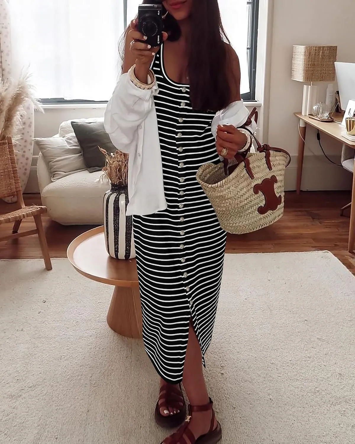 NOLLSOM Women Casual Sleeveless Striped Tank Midi Dresses Spring U Neck Bodycon Dresses T Shirt Summer Dress