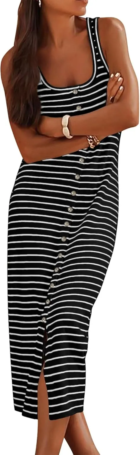 NOLLSOM Women Casual Sleeveless Striped Tank Midi Dresses Spring U Neck Bodycon Dresses T Shirt Summer Dress