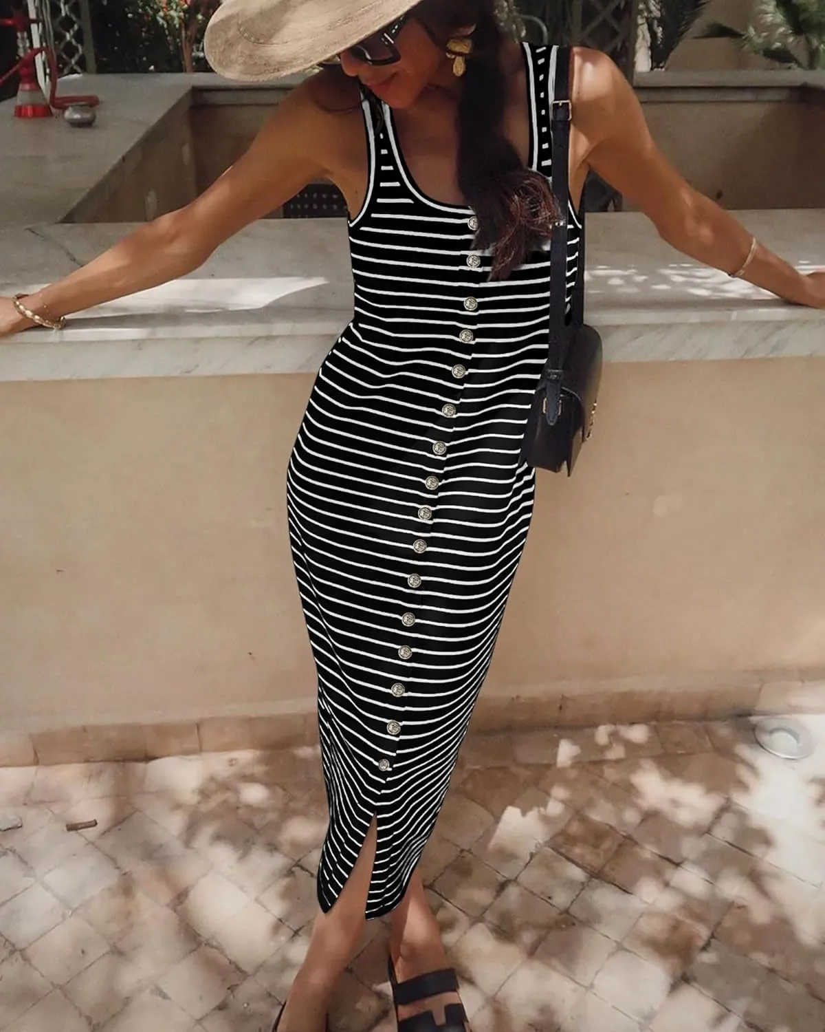 NOLLSOM Women Casual Sleeveless Striped Tank Midi Dresses Spring U Neck Bodycon Dresses T Shirt Summer Dress