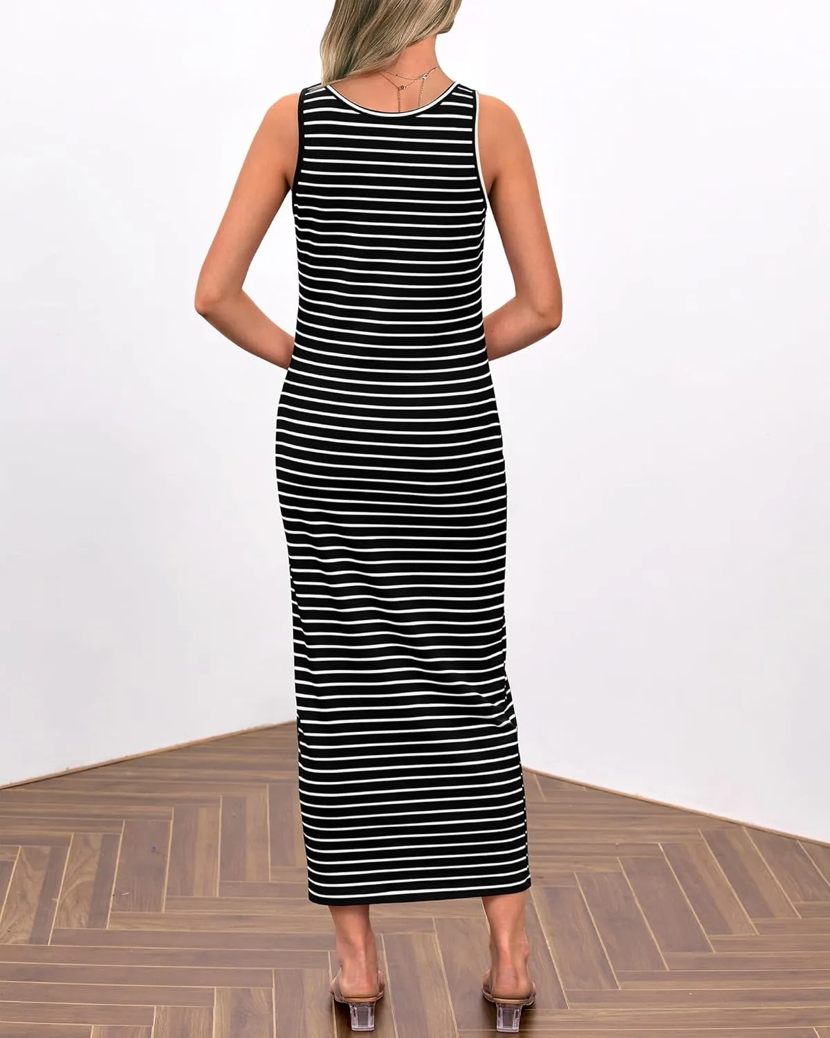NOLLSOM Women Casual Sleeveless Striped Tank Midi Dresses Spring U Neck Bodycon Dresses T Shirt Summer Dress