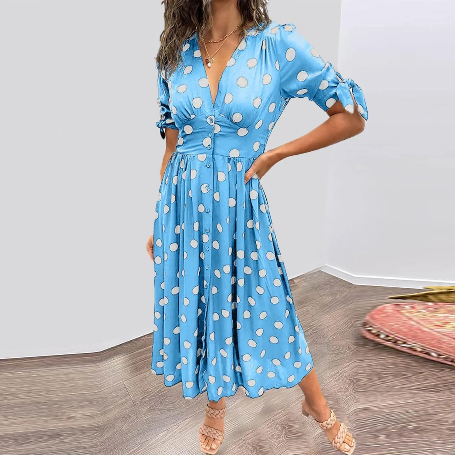 Summer Dresses for Women 2024 Wrap V Neck Short Sleeve High Waist Floral Flowy A Line Polka Dot Midi Short Boho Dresses