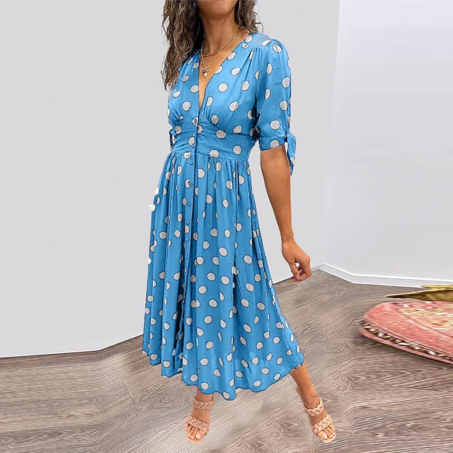 Summer Dresses for Women 2024 Wrap V Neck Short Sleeve High Waist Floral Flowy A Line Polka Dot Midi Short Boho Dresses