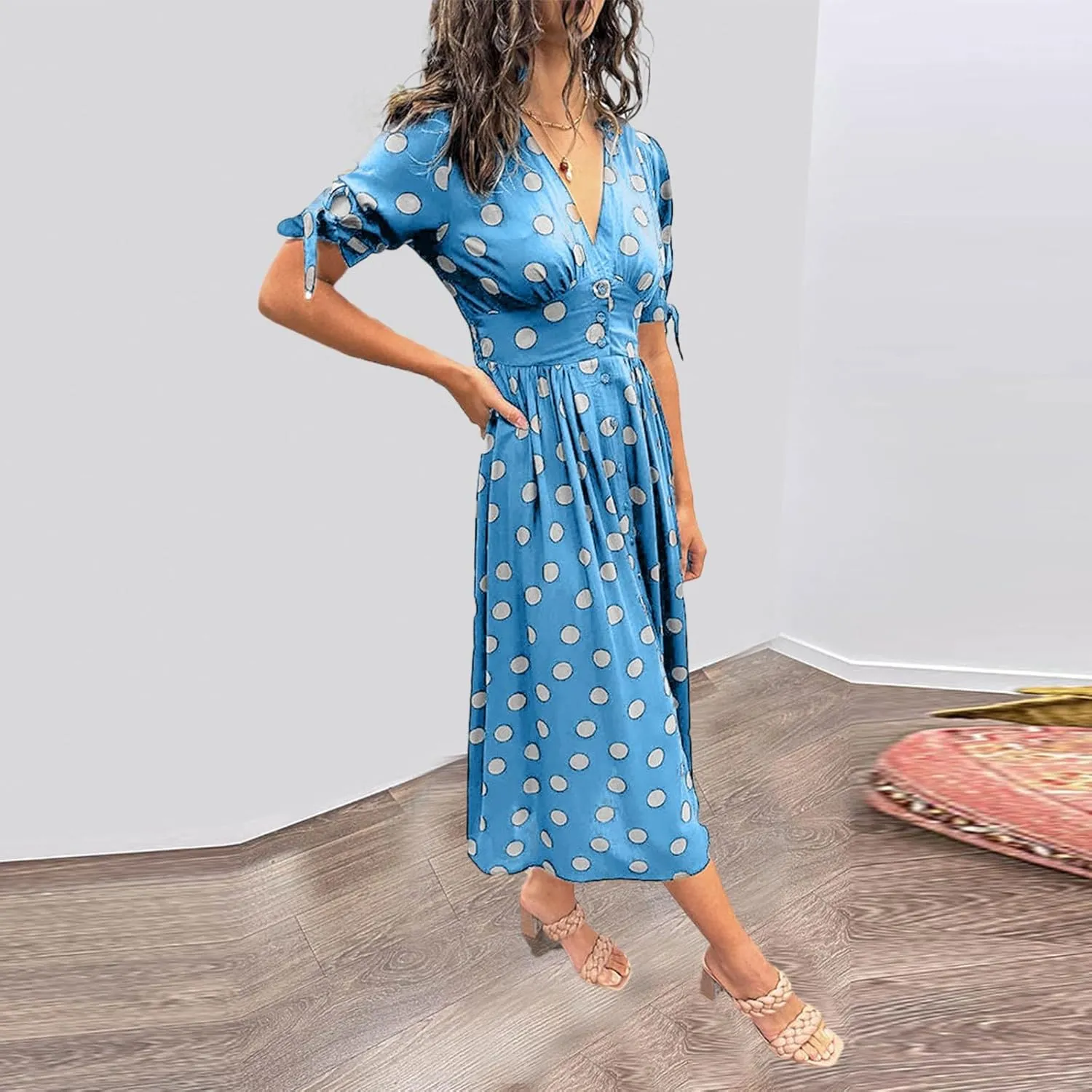 Summer Dresses for Women 2024 Wrap V Neck Short Sleeve High Waist Floral Flowy A Line Polka Dot Midi Short Boho Dresses