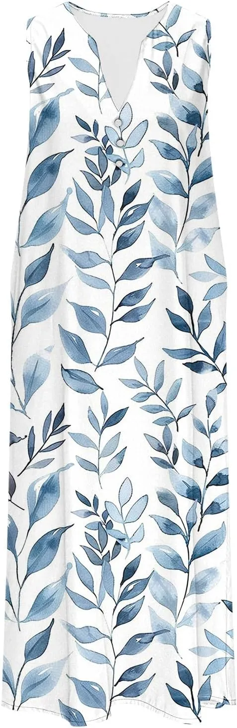 Sundress for Women Sleeveless Tank Dresses 2025 Vacation Plus Size Dress Casual Button V Neck Boho Floral Beach Dress