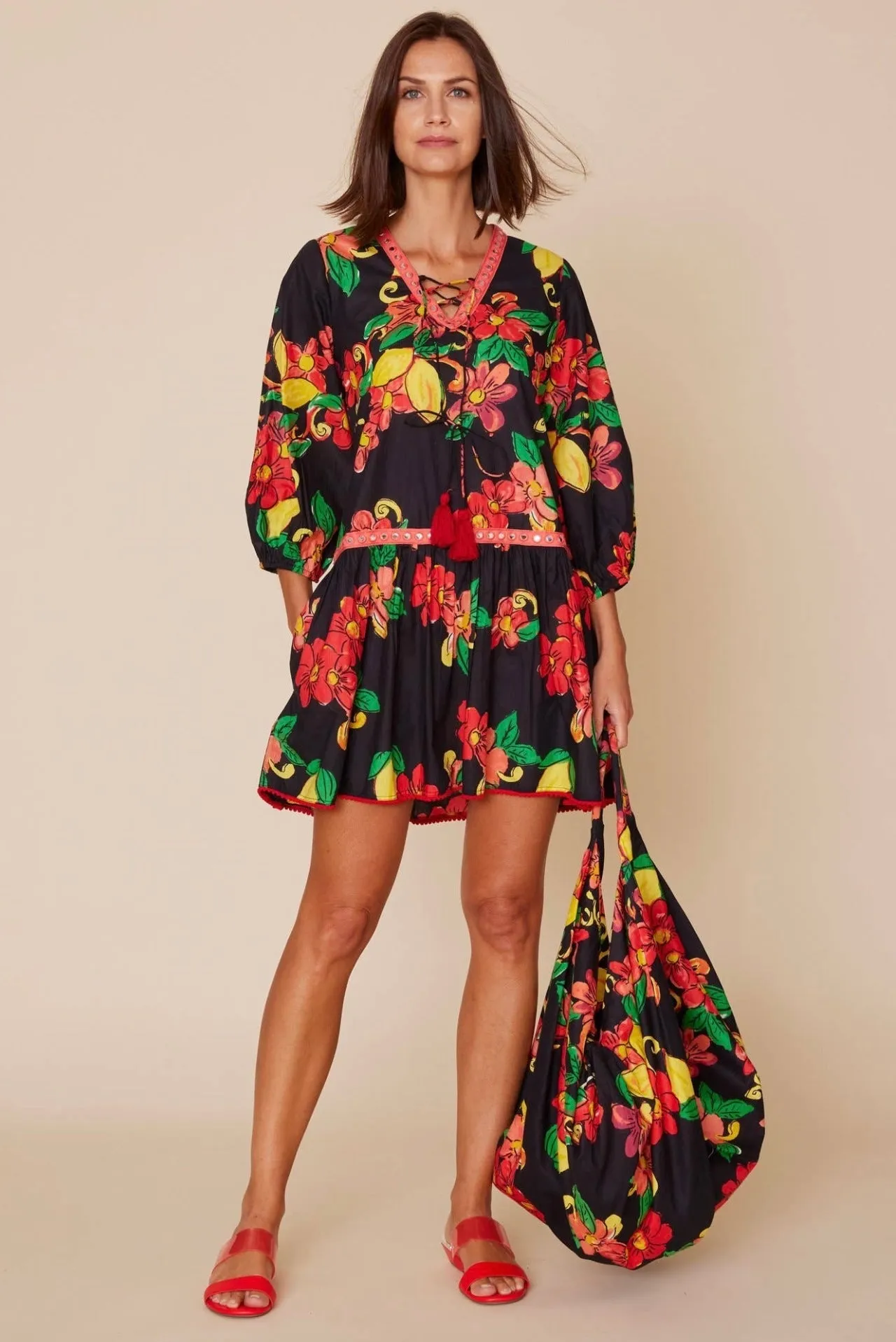 Susana Printed Throw On Sundress in Black Citrus Floral