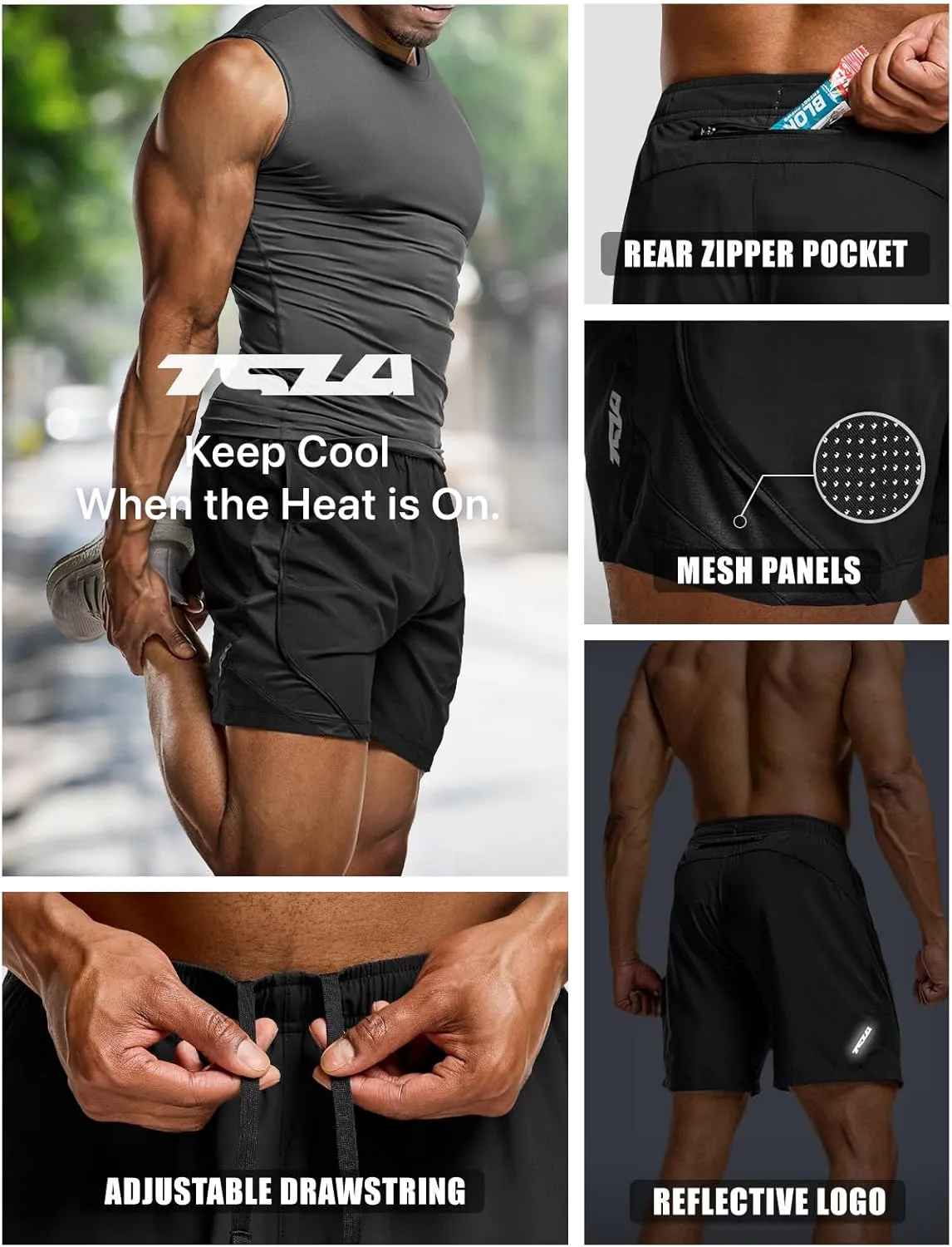 TSLA Men's Active Running Shorts, Training Exercise Workout Shorts, Quick Dry Gym Athletic Performance Shorts with Pockets