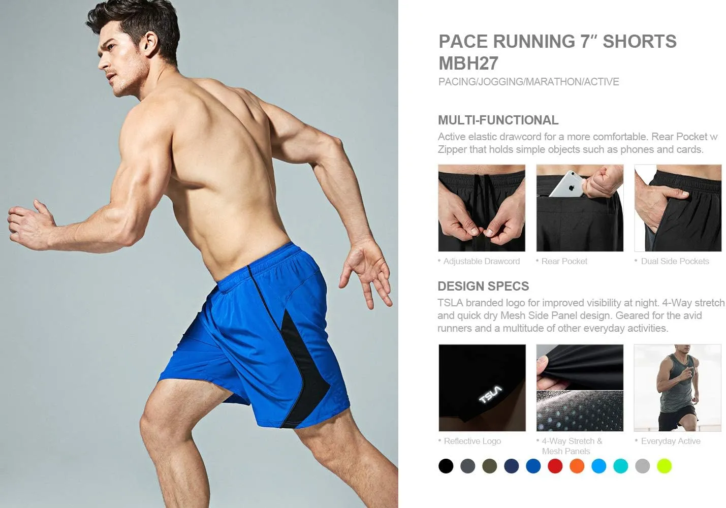 TSLA Men's Active Running Shorts, Training Exercise Workout Shorts, Quick Dry Gym Athletic Performance Shorts with Pockets