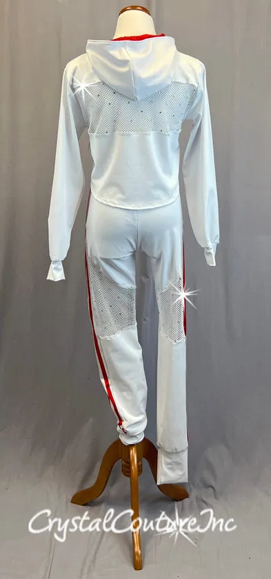 White and Red Hooded Track Suit with Netting - Rhinestones