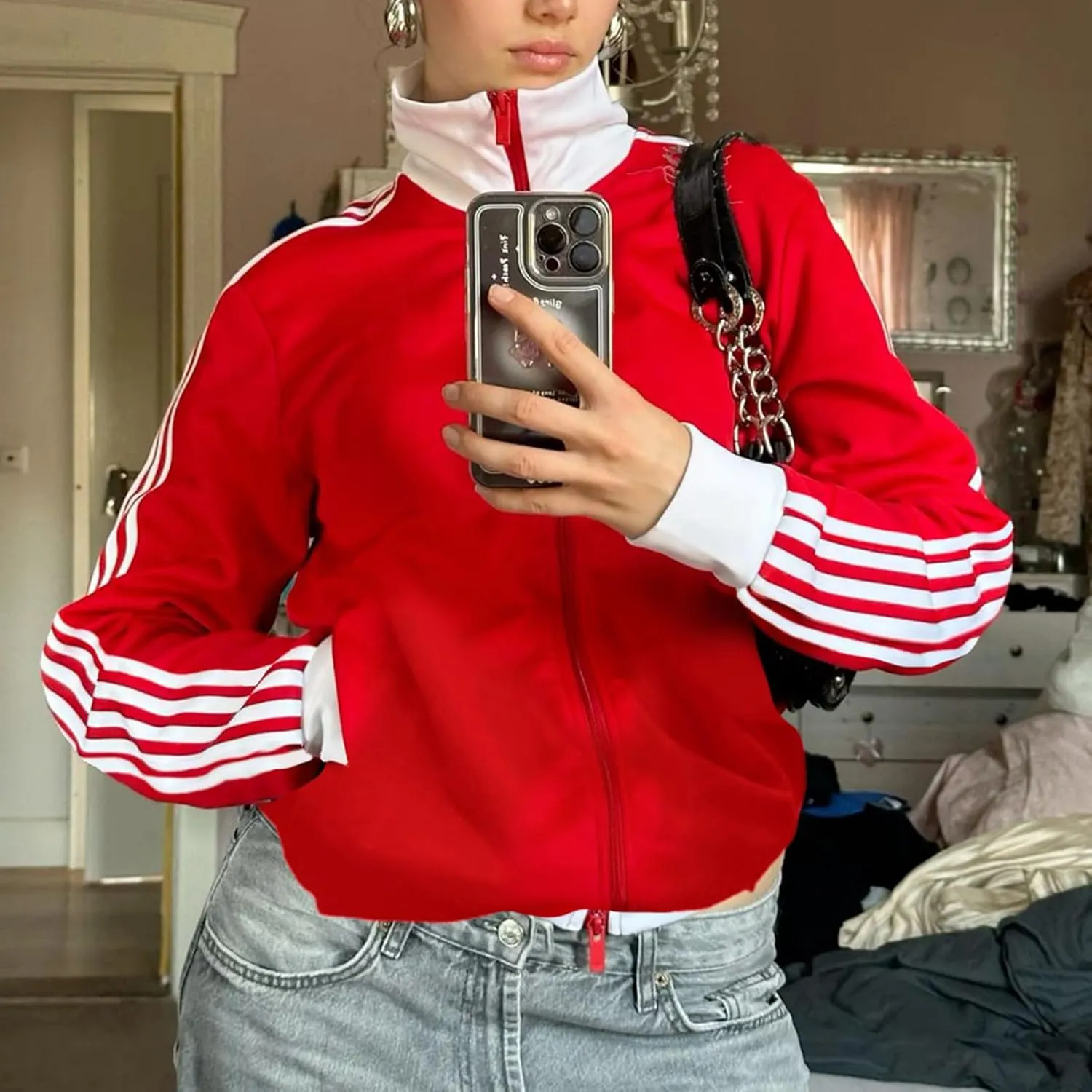 Women Stripes Track Jacket Vintage Stand-Up Zipper Sweatshirt Cropped Lightweight Bomber Tracksuit Coat Outerwear