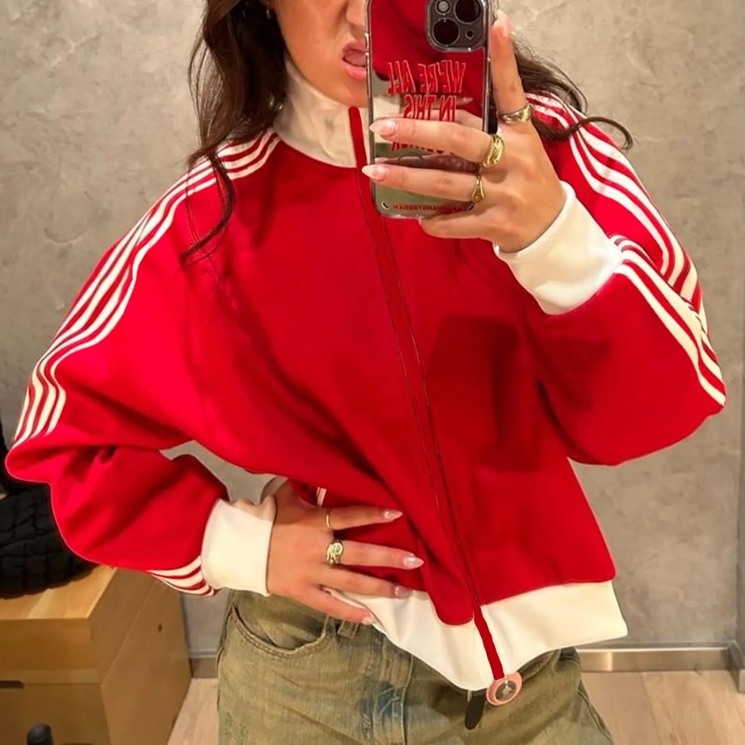 Women Stripes Track Jacket Vintage Stand-Up Zipper Sweatshirt Cropped Lightweight Bomber Tracksuit Coat Outerwear