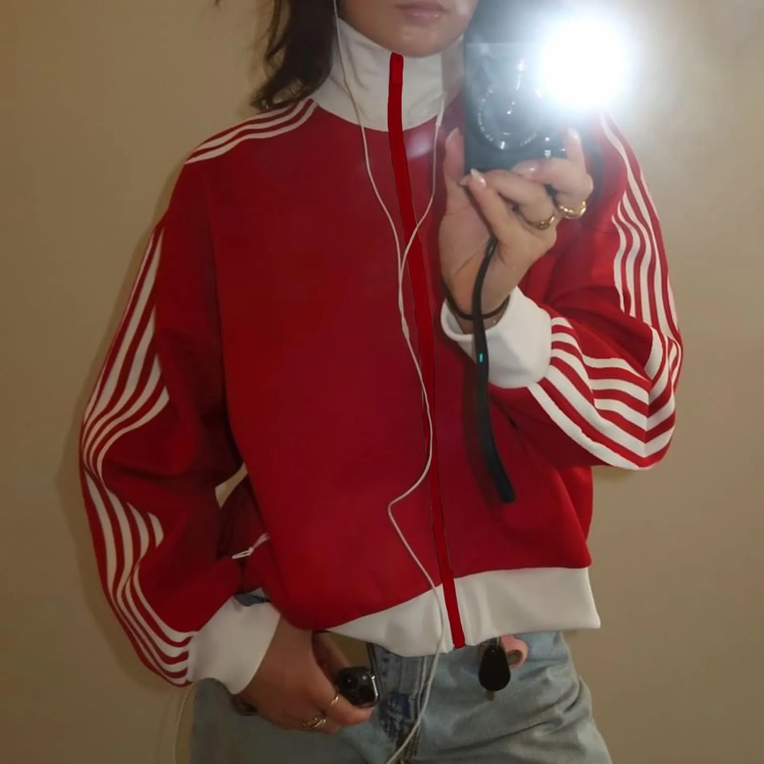 Women Stripes Track Jacket Vintage Stand-Up Zipper Sweatshirt Cropped Lightweight Bomber Tracksuit Coat Outerwear